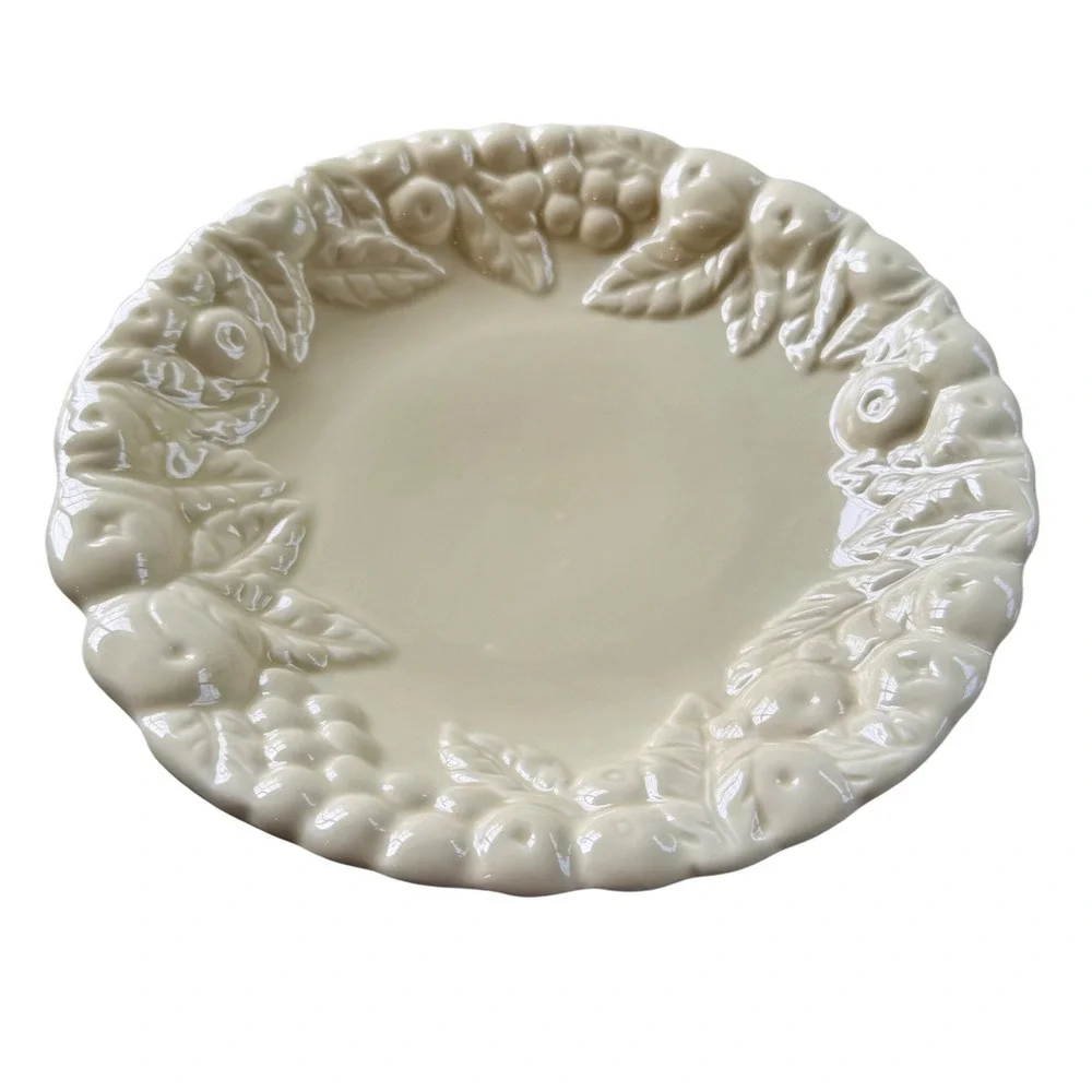 Claire Burke Ceramic Fruit Embossed Serving Bowl Cream Scalloped 10.5 Inch
